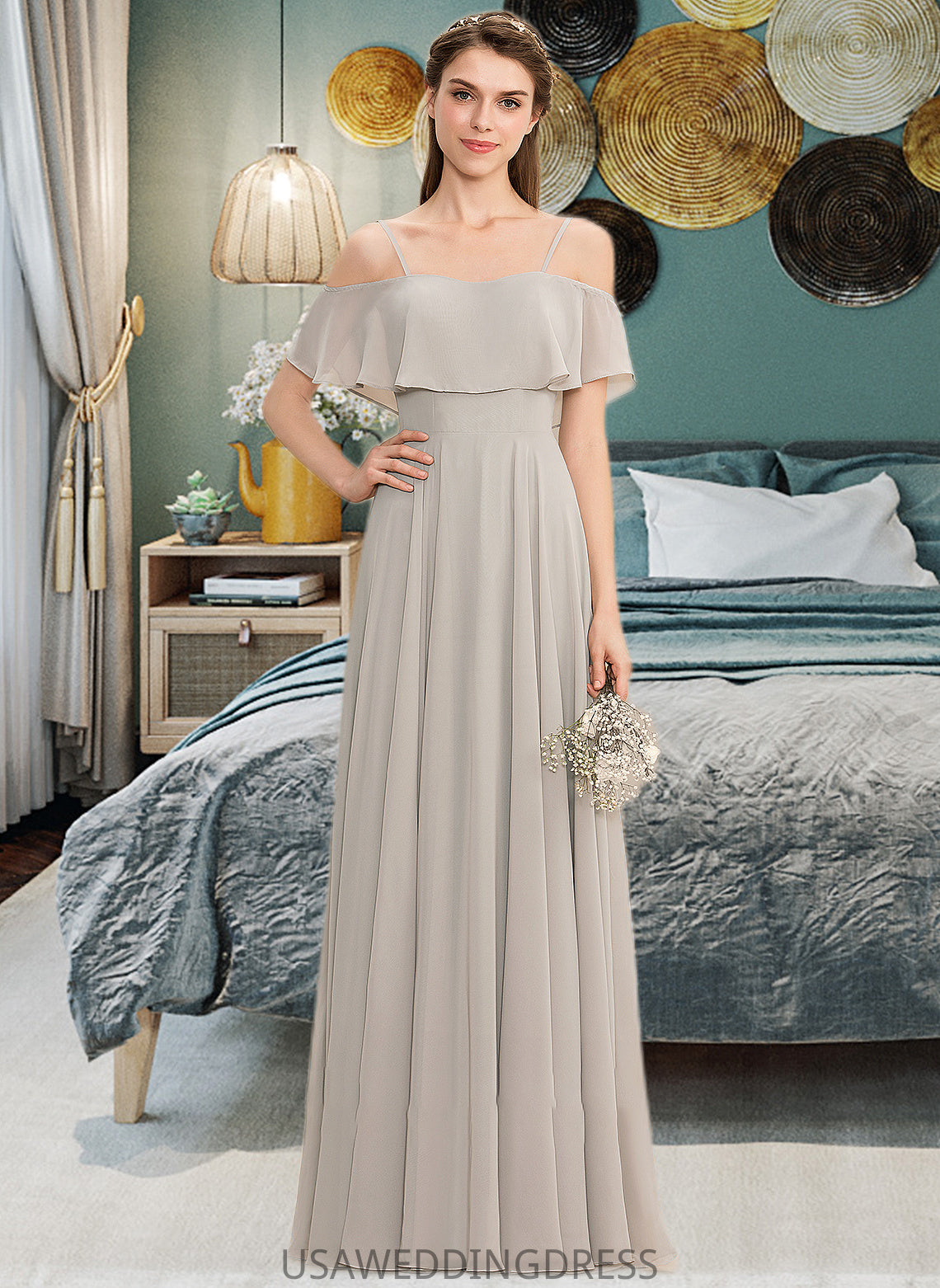 Elva A-Line Off-the-Shoulder Floor-Length Chiffon Bridesmaid Dress DSP0013202