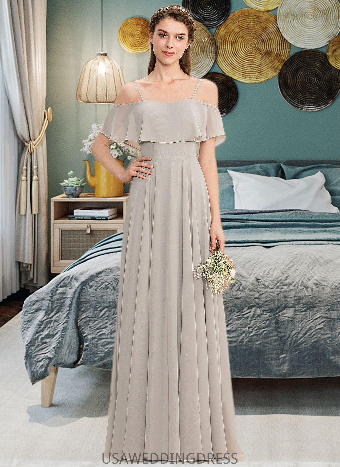 Elva A-Line Off-the-Shoulder Floor-Length Chiffon Bridesmaid Dress DSP0013202