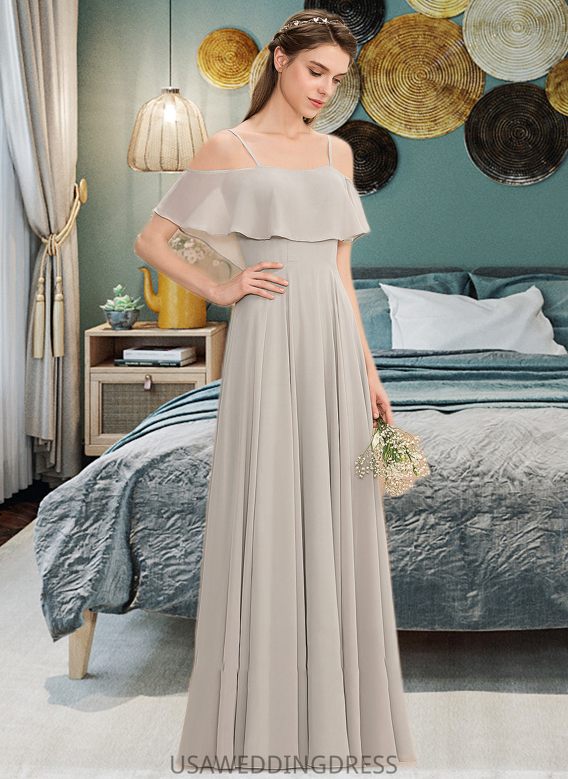 Elva A-Line Off-the-Shoulder Floor-Length Chiffon Bridesmaid Dress DSP0013202