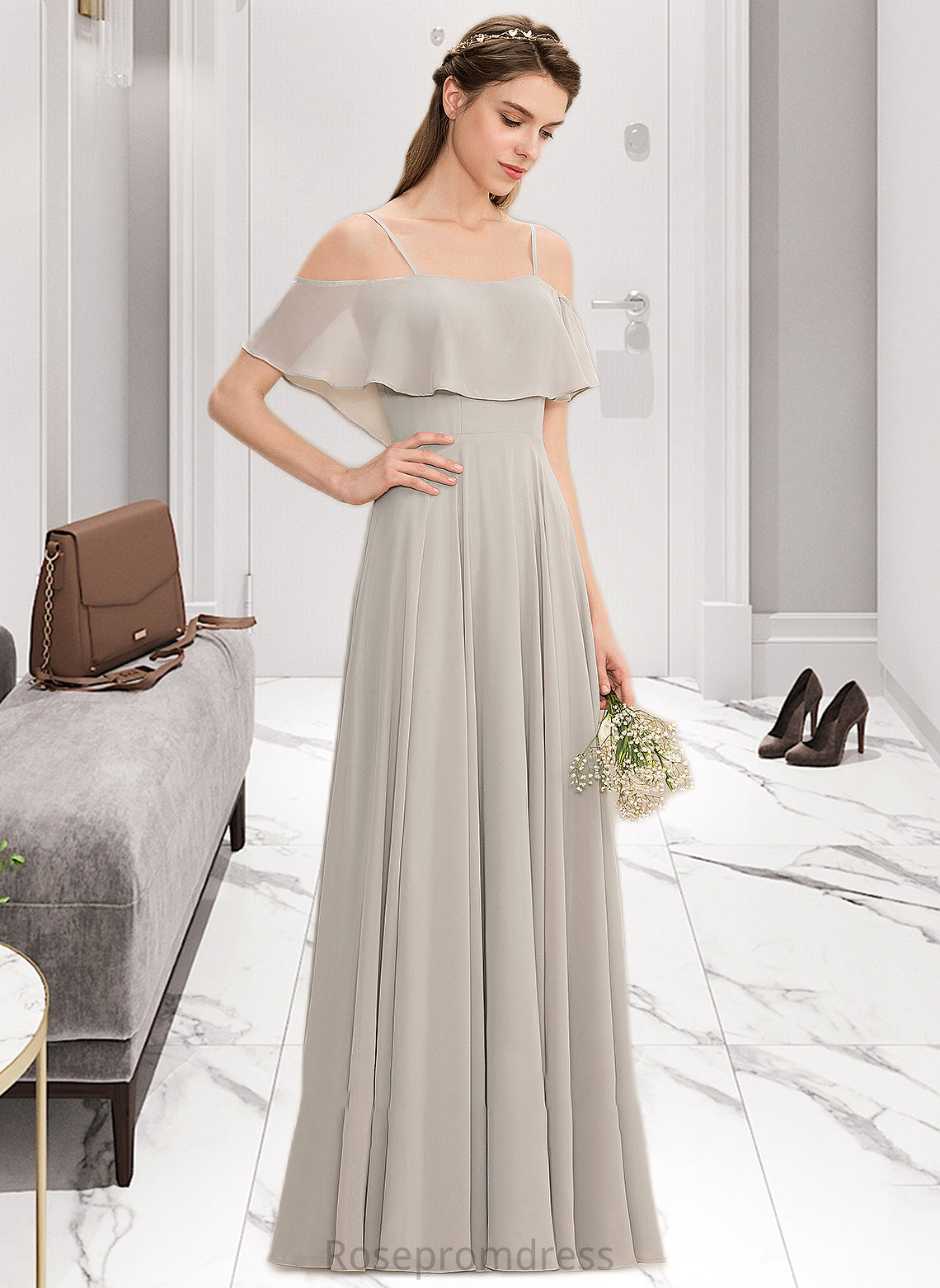 Brynn A-Line Off-the-Shoulder Floor-Length Chiffon Bridesmaid Dress SRSP0013202