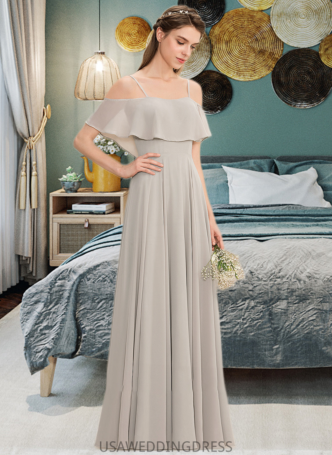 Elva A-Line Off-the-Shoulder Floor-Length Chiffon Bridesmaid Dress DSP0013202