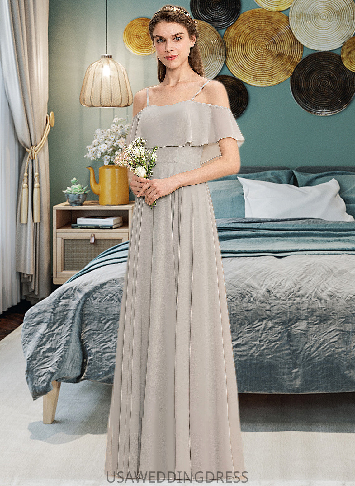 Elva A-Line Off-the-Shoulder Floor-Length Chiffon Bridesmaid Dress DSP0013202