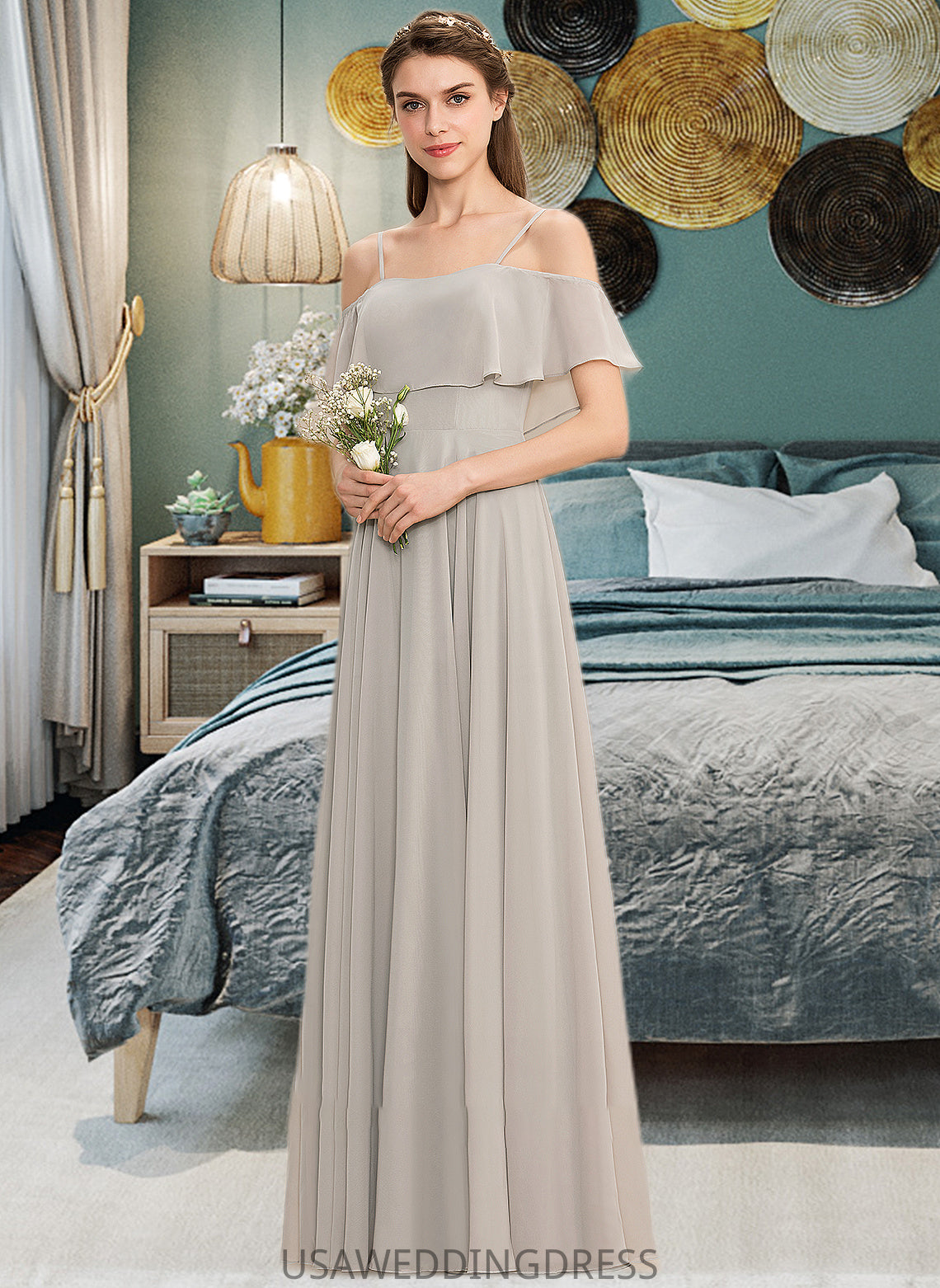 Elva A-Line Off-the-Shoulder Floor-Length Chiffon Bridesmaid Dress DSP0013202