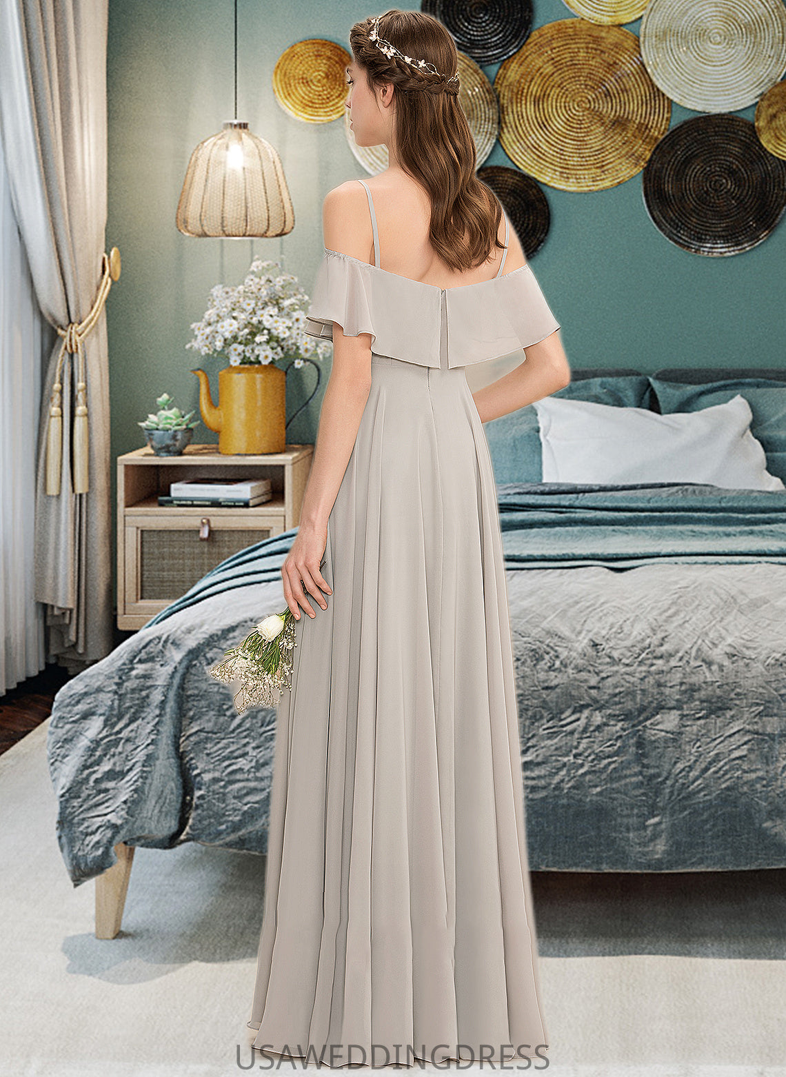 Elva A-Line Off-the-Shoulder Floor-Length Chiffon Bridesmaid Dress DSP0013202