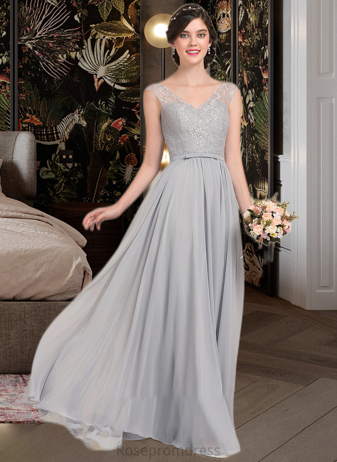 Emmalee A-Line V-neck Floor-Length Chiffon Lace Bridesmaid Dress With Bow(s) SRSP0013203