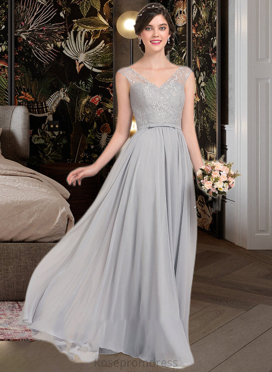 Emmalee A-Line V-neck Floor-Length Chiffon Lace Bridesmaid Dress With Bow(s) SRSP0013203