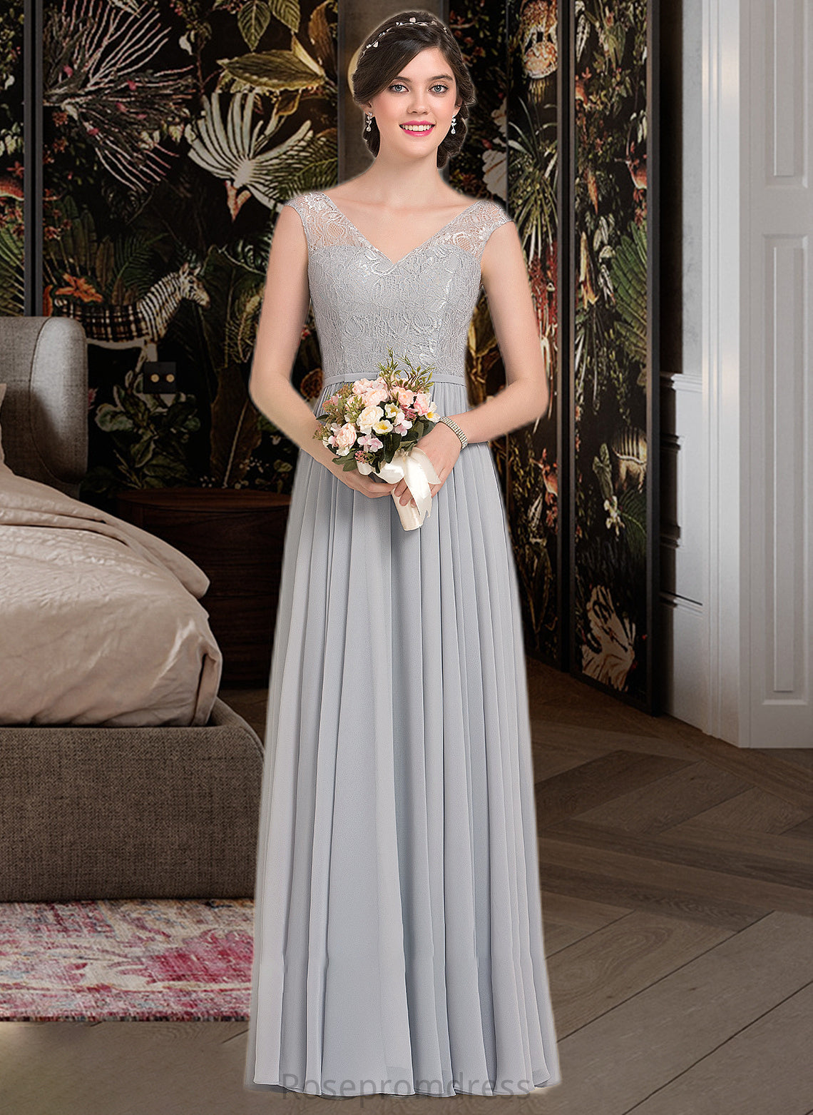 Emmalee A-Line V-neck Floor-Length Chiffon Lace Bridesmaid Dress With Bow(s) SRSP0013203
