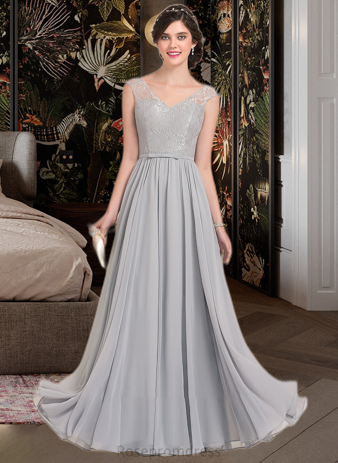 Emmalee A-Line V-neck Floor-Length Chiffon Lace Bridesmaid Dress With Bow(s) SRSP0013203