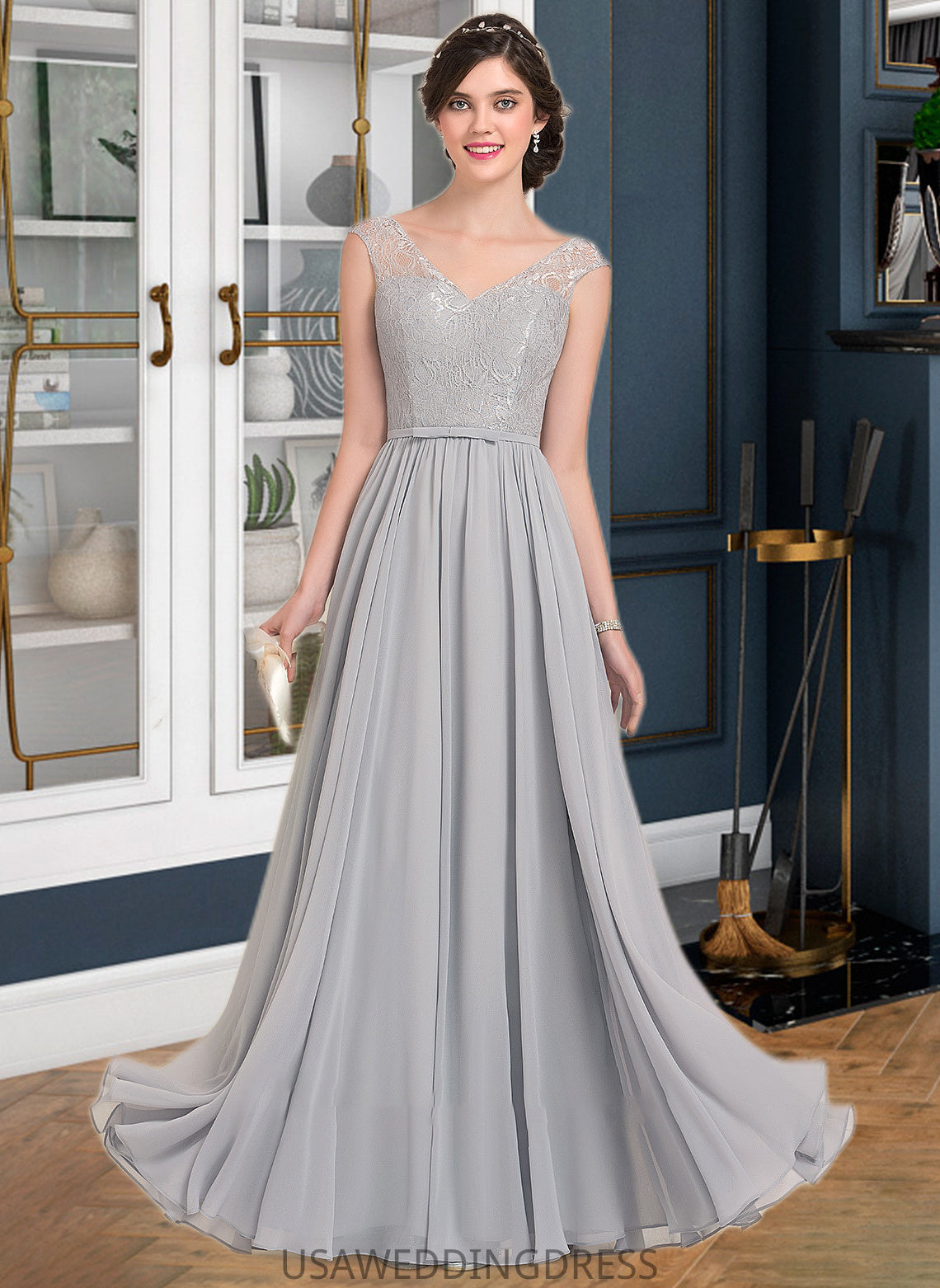 Hayley A-Line V-neck Floor-Length Chiffon Lace Bridesmaid Dress With Bow(s) DSP0013203