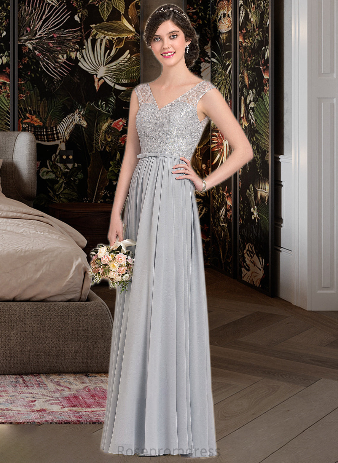 Emmalee A-Line V-neck Floor-Length Chiffon Lace Bridesmaid Dress With Bow(s) SRSP0013203