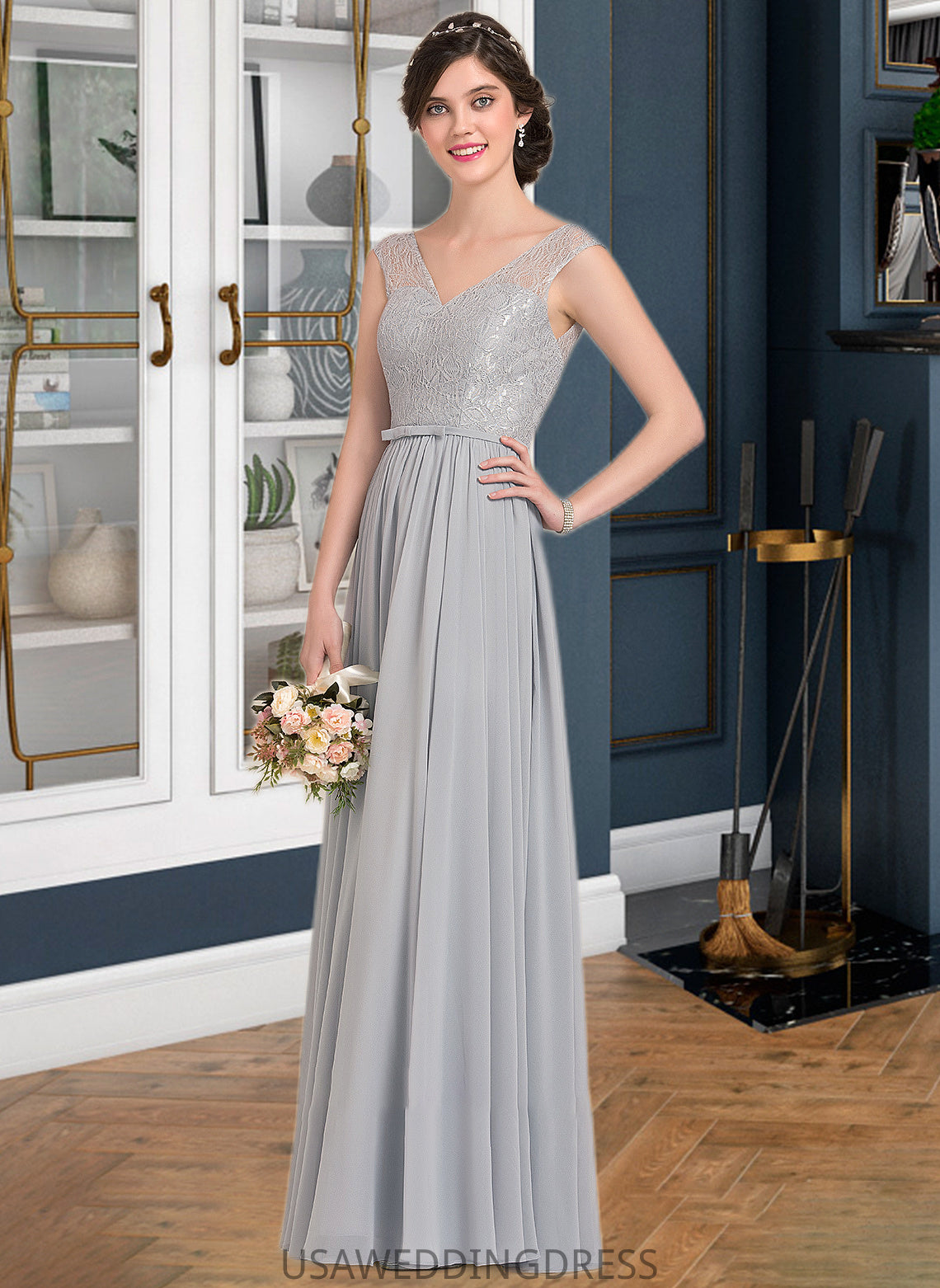 Hayley A-Line V-neck Floor-Length Chiffon Lace Bridesmaid Dress With Bow(s) DSP0013203