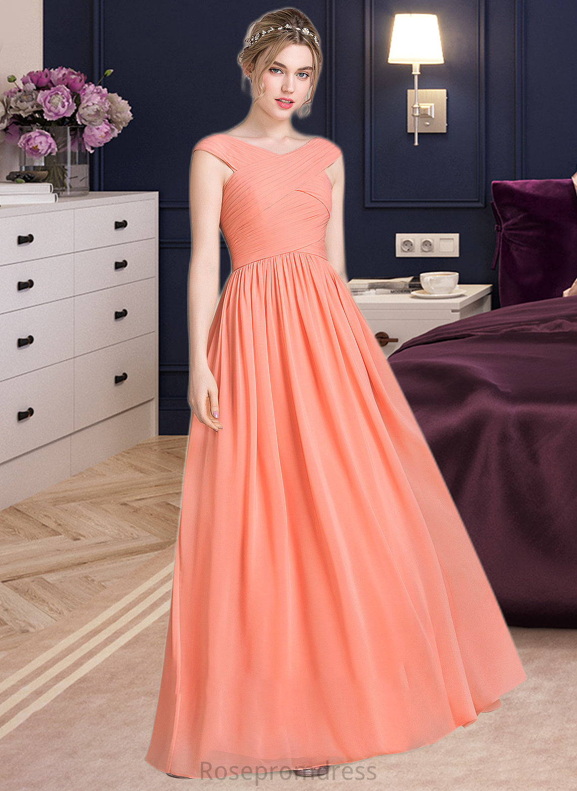 Charlie Ball-Gown/Princess V-neck Floor-Length Chiffon Bridesmaid Dress With Ruffle SRSP0013204
