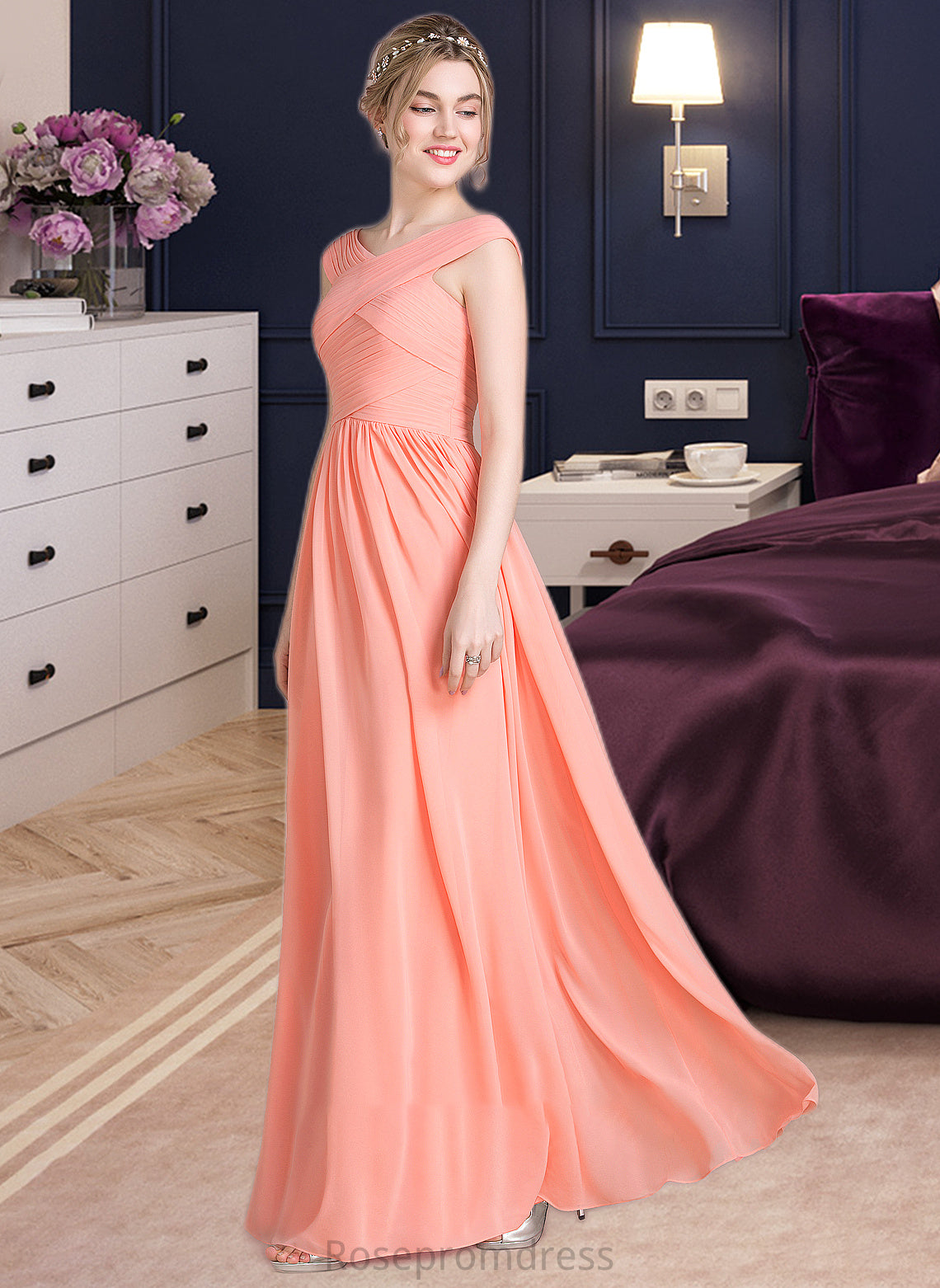 Charlie Ball-Gown/Princess V-neck Floor-Length Chiffon Bridesmaid Dress With Ruffle SRSP0013204