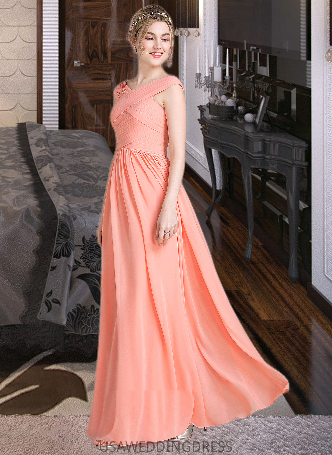 Emilia Ball-Gown/Princess V-neck Floor-Length Chiffon Bridesmaid Dress With Ruffle DSP0013204