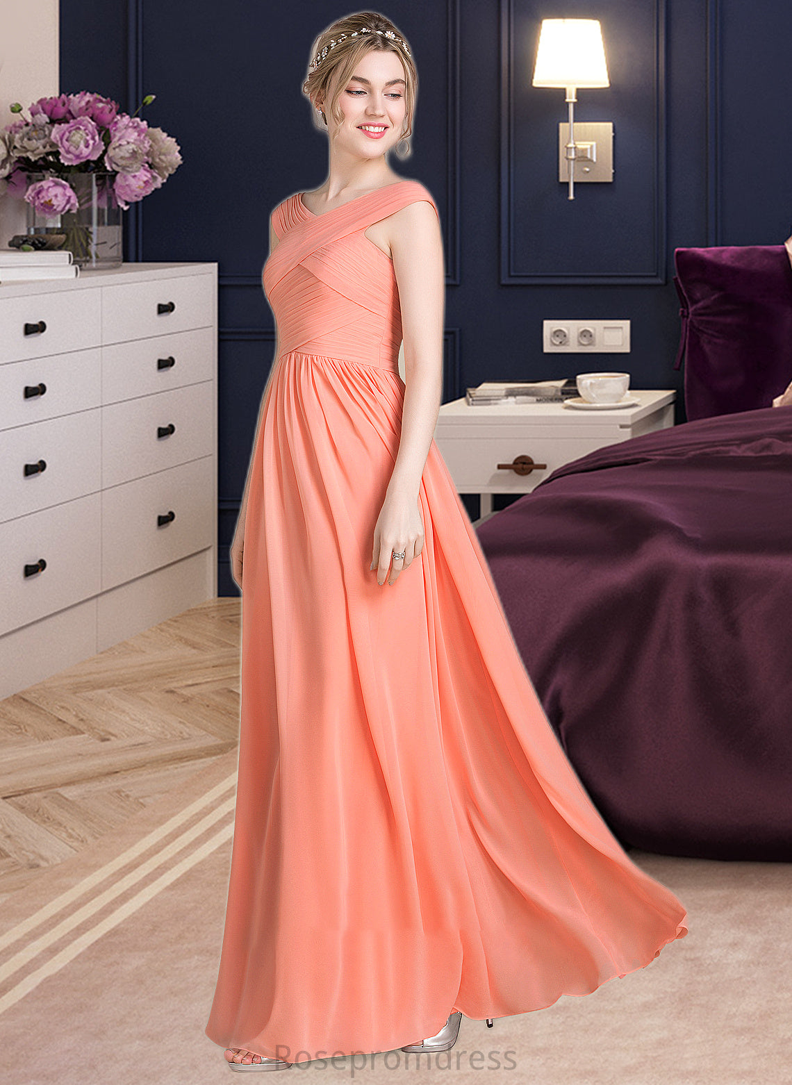 Charlie Ball-Gown/Princess V-neck Floor-Length Chiffon Bridesmaid Dress With Ruffle SRSP0013204