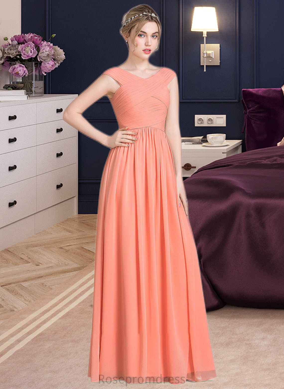 Charlie Ball-Gown/Princess V-neck Floor-Length Chiffon Bridesmaid Dress With Ruffle SRSP0013204