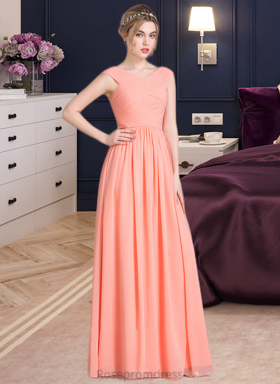 Charlie Ball-Gown/Princess V-neck Floor-Length Chiffon Bridesmaid Dress With Ruffle SRSP0013204