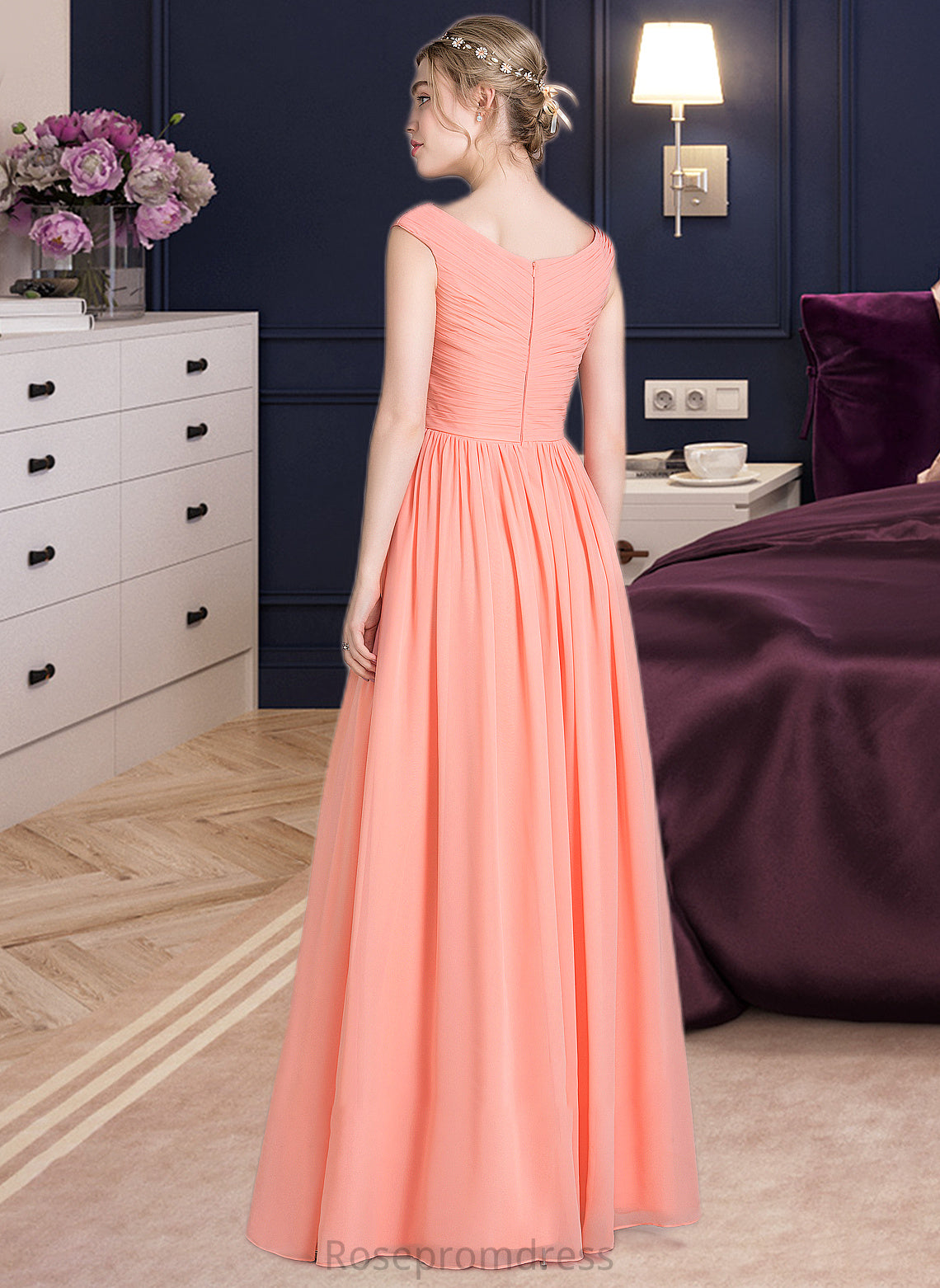 Charlie Ball-Gown/Princess V-neck Floor-Length Chiffon Bridesmaid Dress With Ruffle SRSP0013204