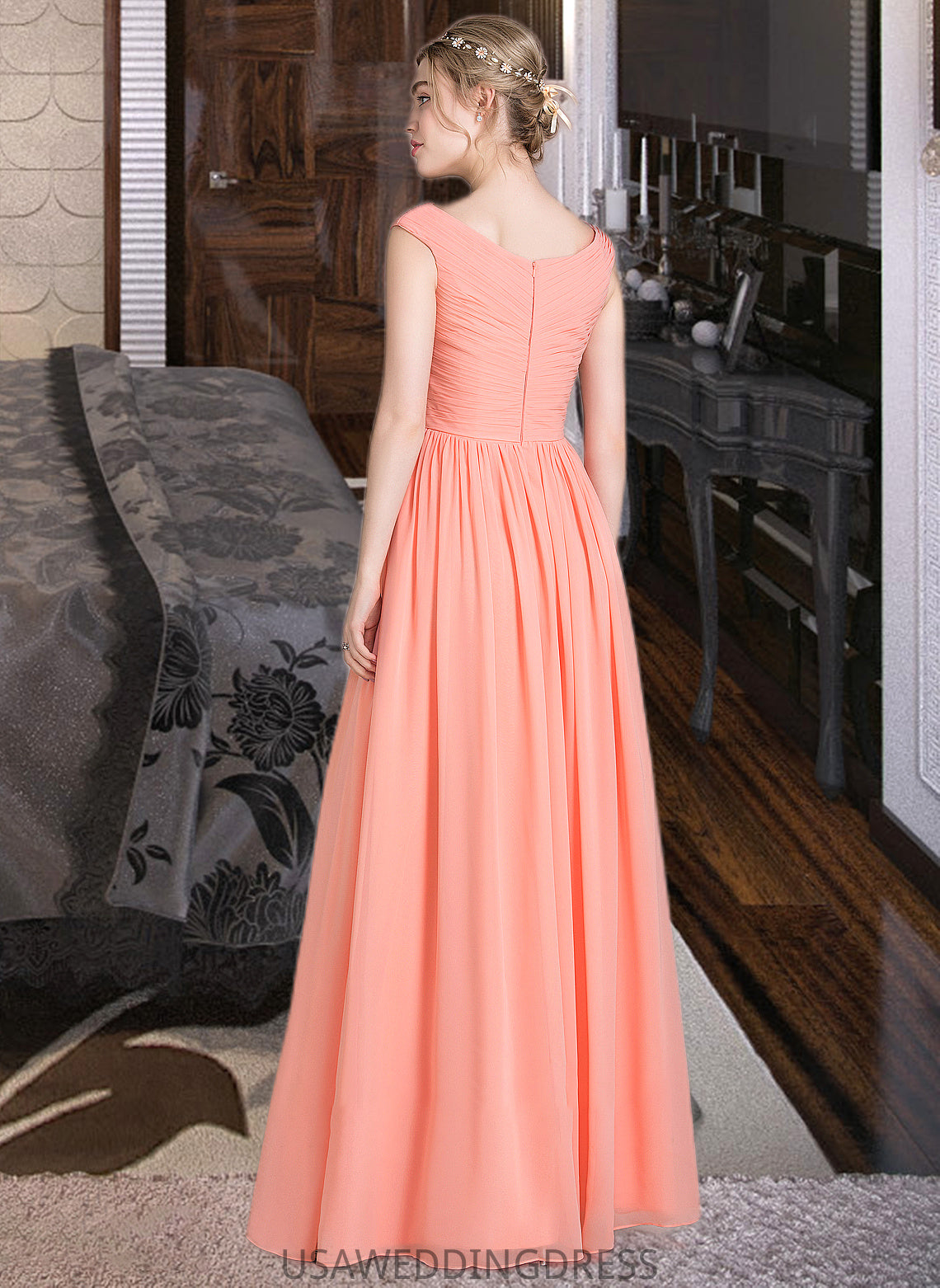 Emilia Ball-Gown/Princess V-neck Floor-Length Chiffon Bridesmaid Dress With Ruffle DSP0013204