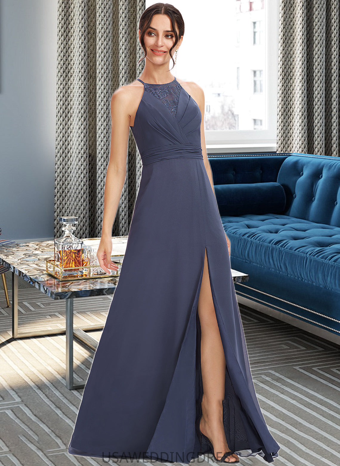 Alyssa A-Line Halter Floor-Length Bridesmaid Dress With Lace Split Front DSP0013205