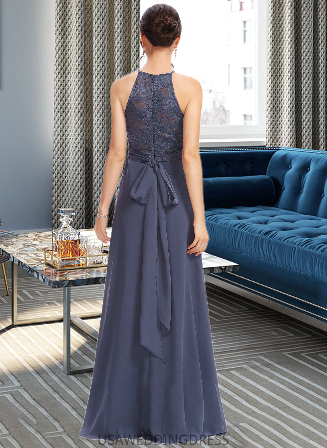 Alyssa A-Line Halter Floor-Length Bridesmaid Dress With Lace Split Front DSP0013205