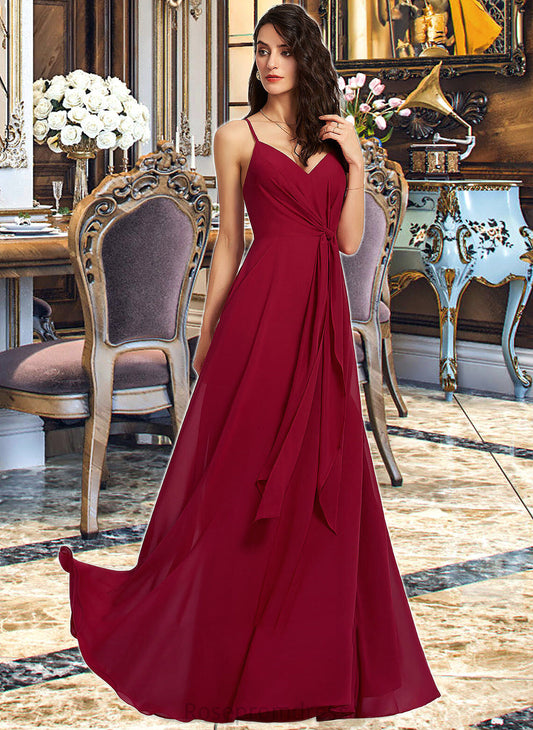 Cheyanne A-Line V-neck Floor-Length Bridesmaid Dress With Ruffle SRSP0013206