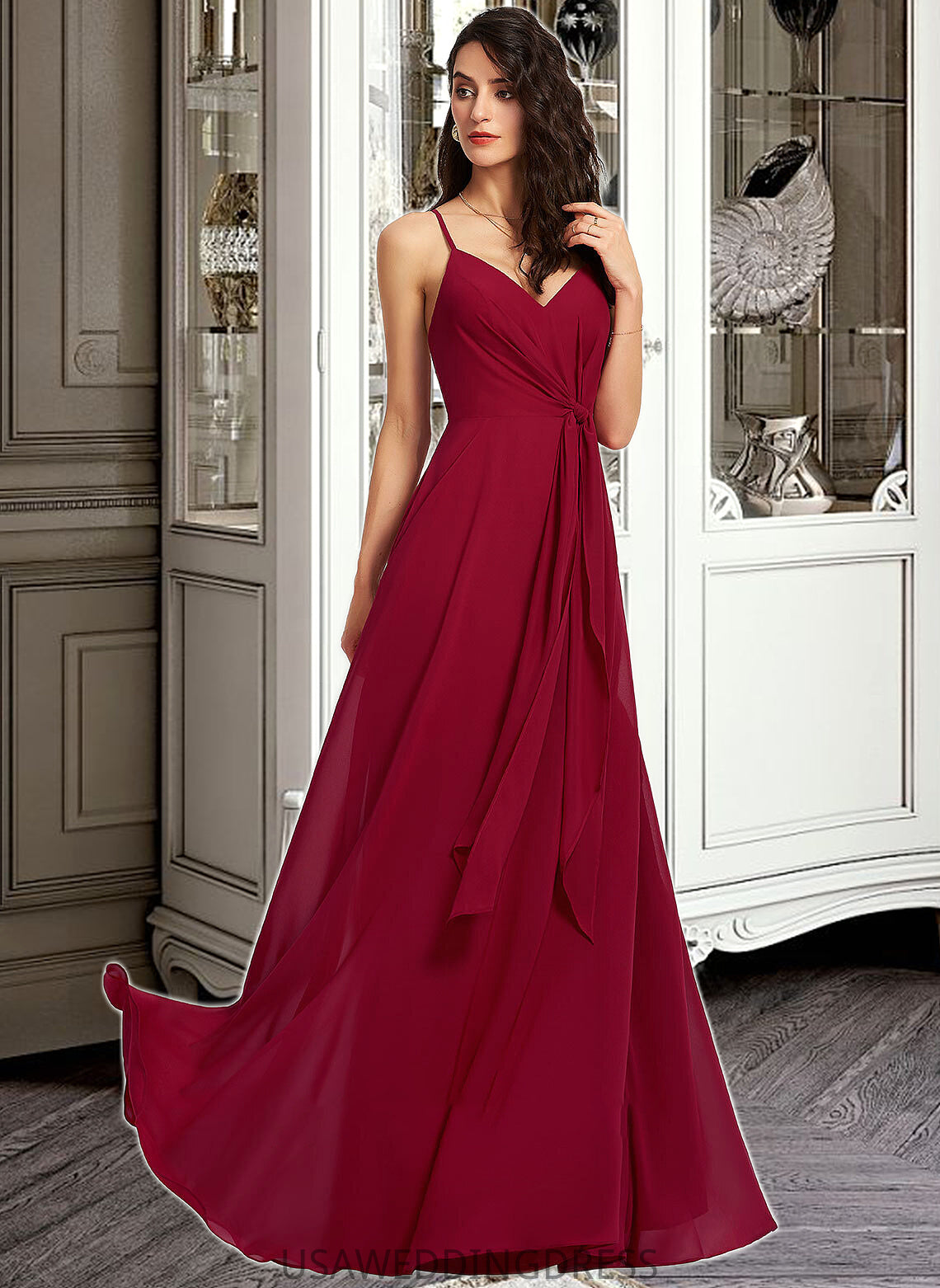 Iliana A-Line V-neck Floor-Length Bridesmaid Dress With Ruffle DSP0013206