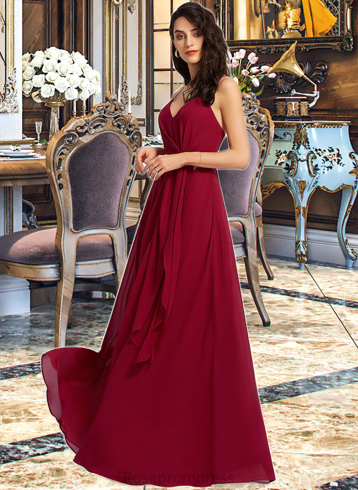 Cheyanne A-Line V-neck Floor-Length Bridesmaid Dress With Ruffle SRSP0013206