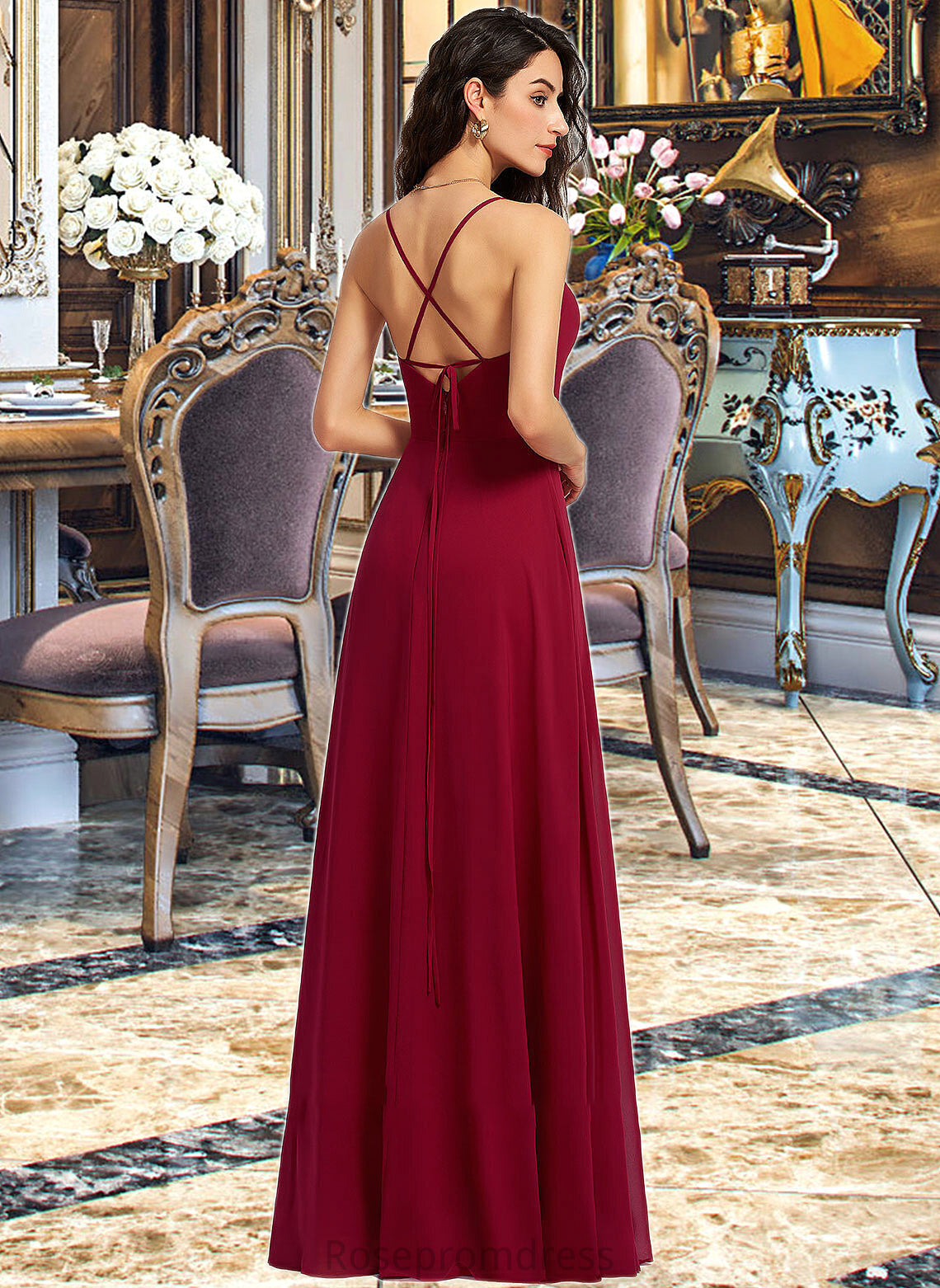 Cheyanne A-Line V-neck Floor-Length Bridesmaid Dress With Ruffle SRSP0013206
