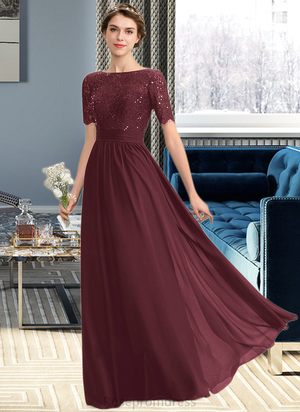 Claudia A-Line Scoop Neck Floor-Length Chiffon Lace Bridesmaid Dress With Sequins SRSP0013207