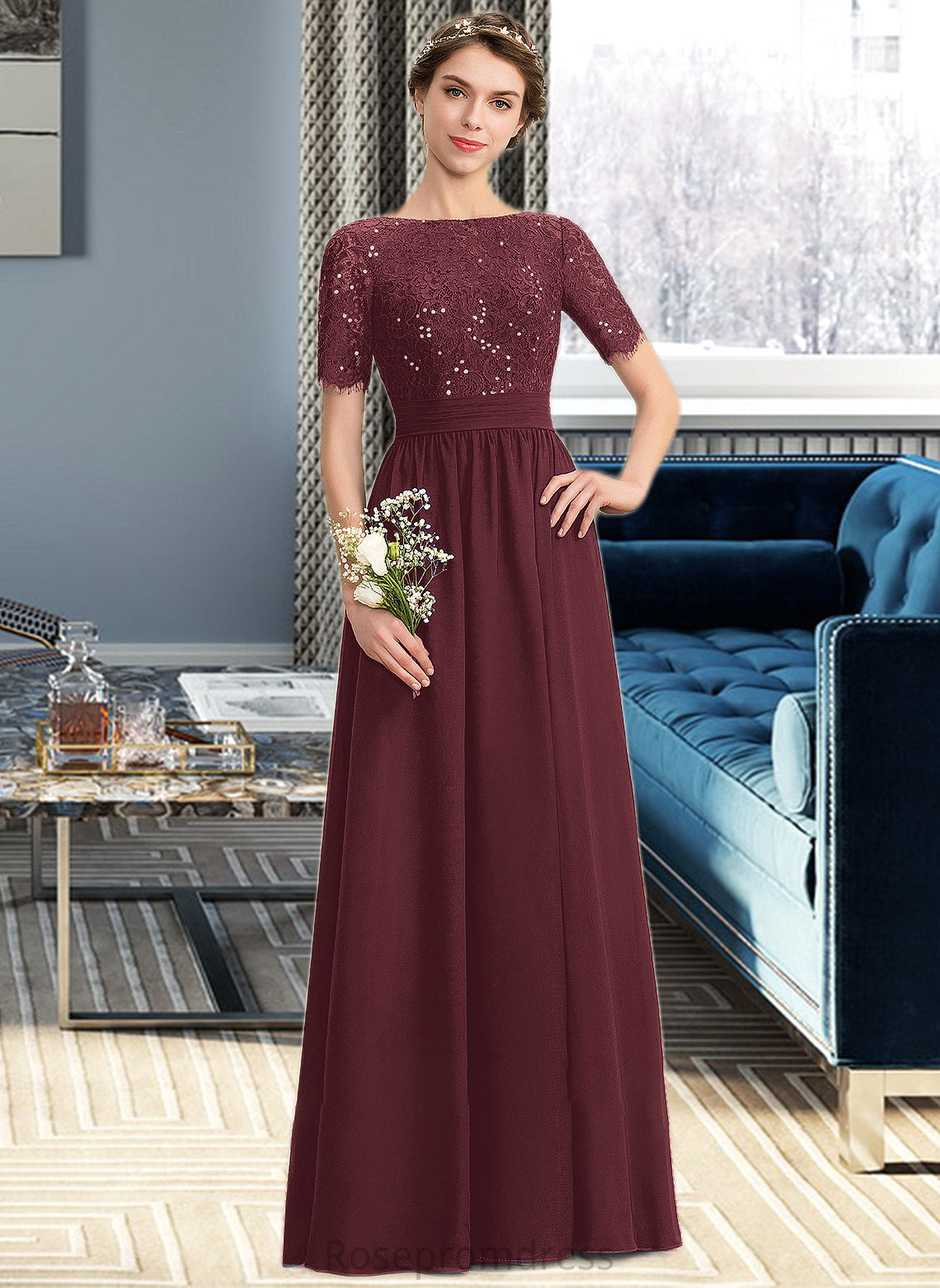 Claudia A-Line Scoop Neck Floor-Length Chiffon Lace Bridesmaid Dress With Sequins SRSP0013207