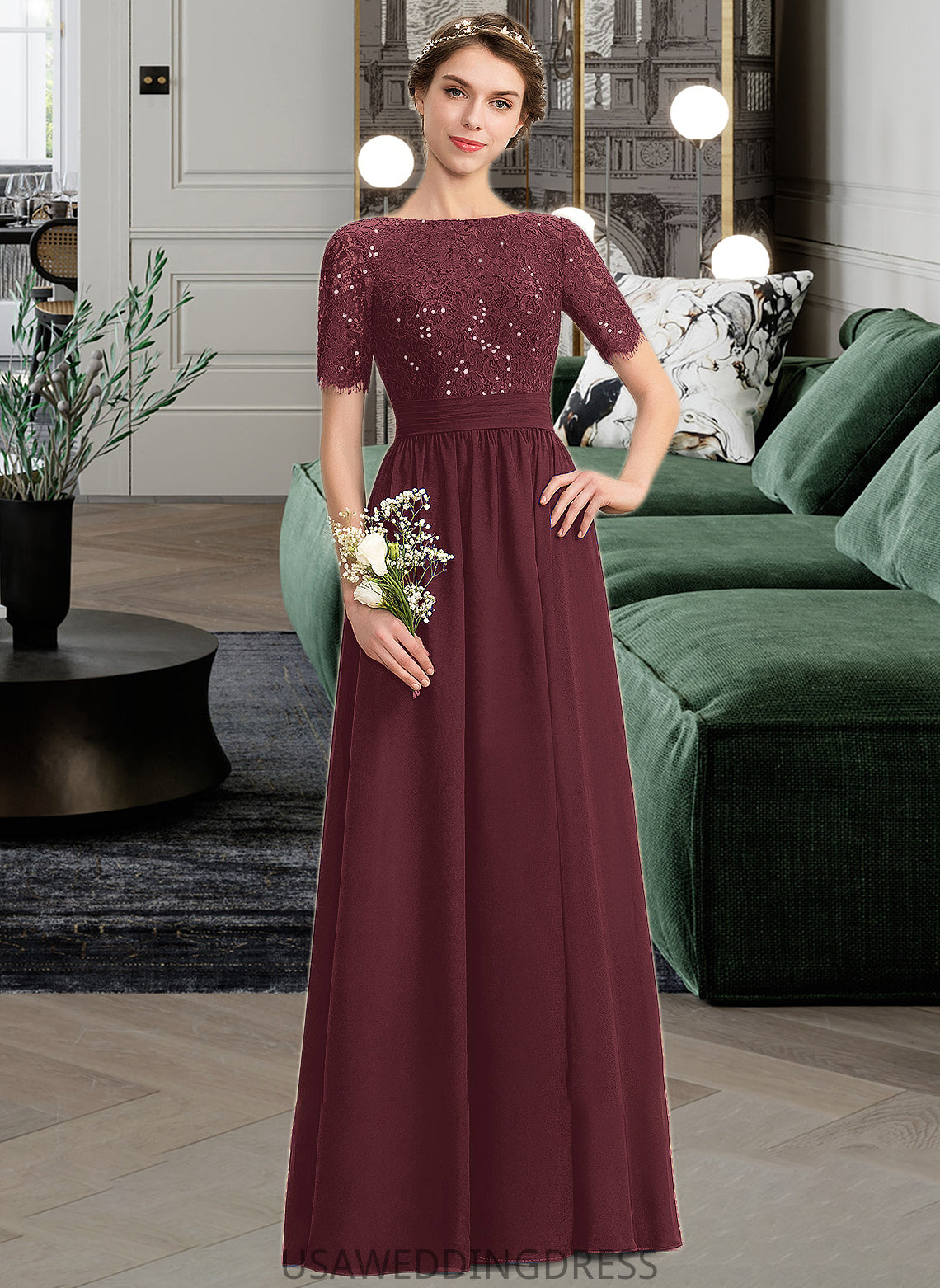 Ximena A-Line Scoop Neck Floor-Length Chiffon Lace Bridesmaid Dress With Sequins DSP0013207