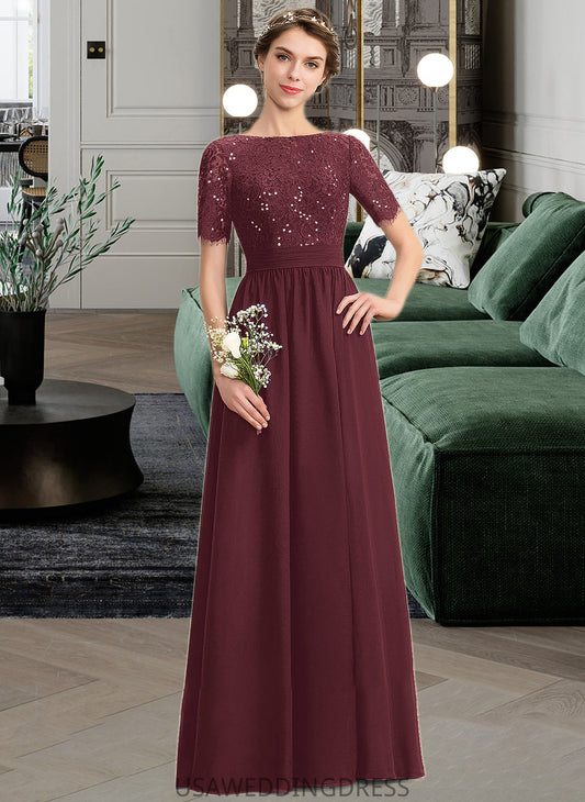 Ximena A-Line Scoop Neck Floor-Length Chiffon Lace Bridesmaid Dress With Sequins DSP0013207