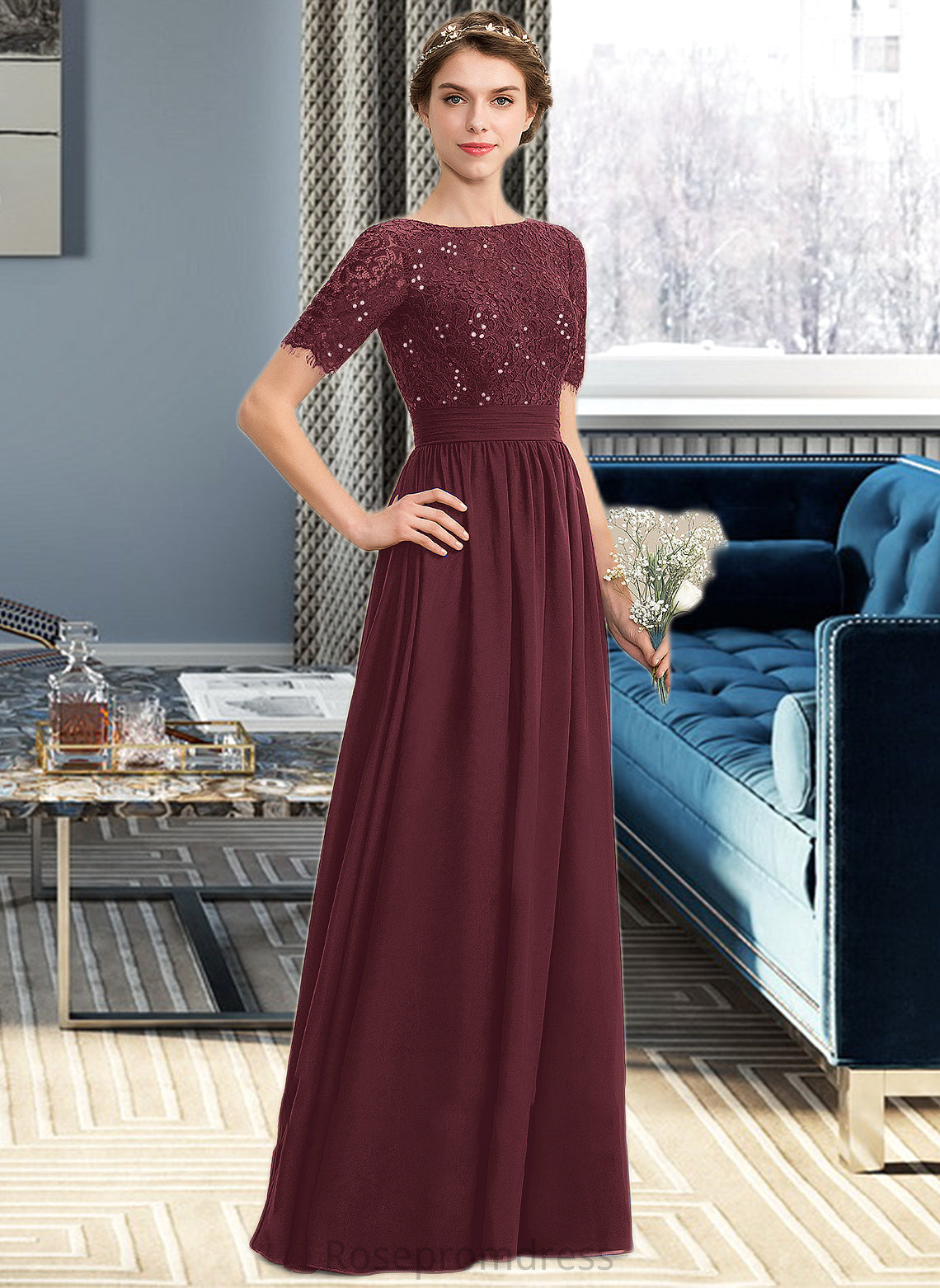 Claudia A-Line Scoop Neck Floor-Length Chiffon Lace Bridesmaid Dress With Sequins SRSP0013207