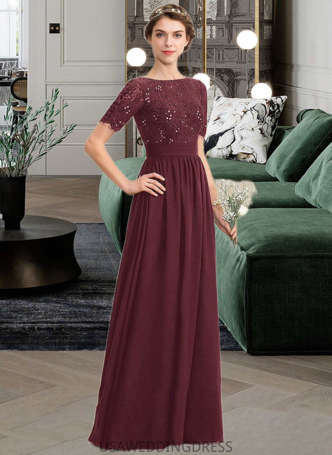 Ximena A-Line Scoop Neck Floor-Length Chiffon Lace Bridesmaid Dress With Sequins DSP0013207