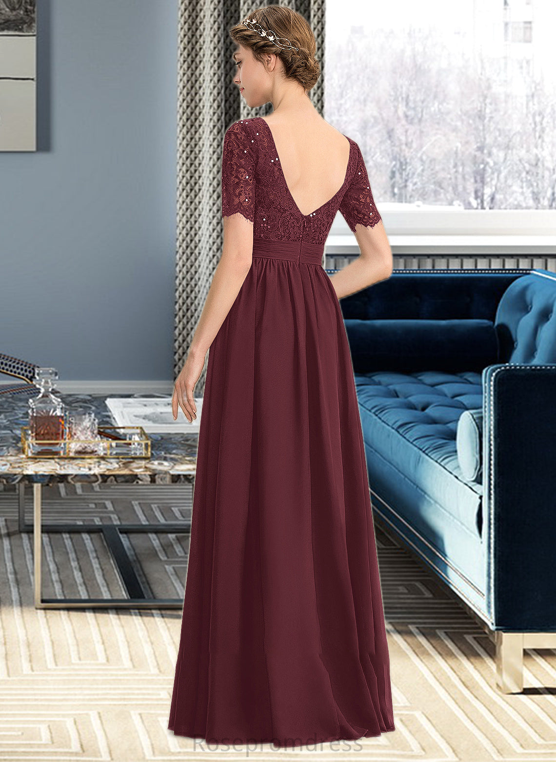 Claudia A-Line Scoop Neck Floor-Length Chiffon Lace Bridesmaid Dress With Sequins SRSP0013207