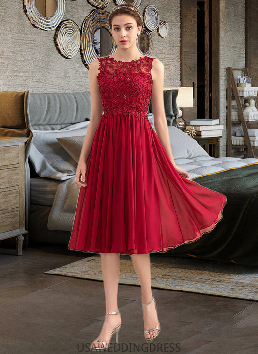 Jess A-Line Scoop Neck Knee-Length Chiffon Lace Bridesmaid Dress With Beading Sequins DSP0013208