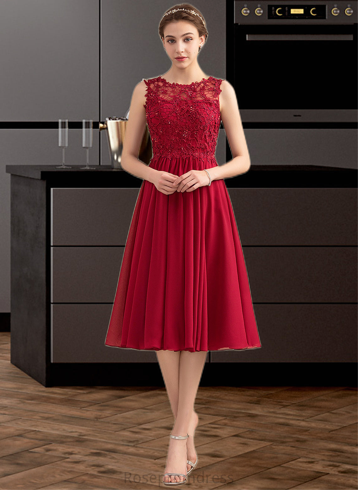 Belinda A-Line Scoop Neck Knee-Length Chiffon Lace Bridesmaid Dress With Beading Sequins SRSP0013208
