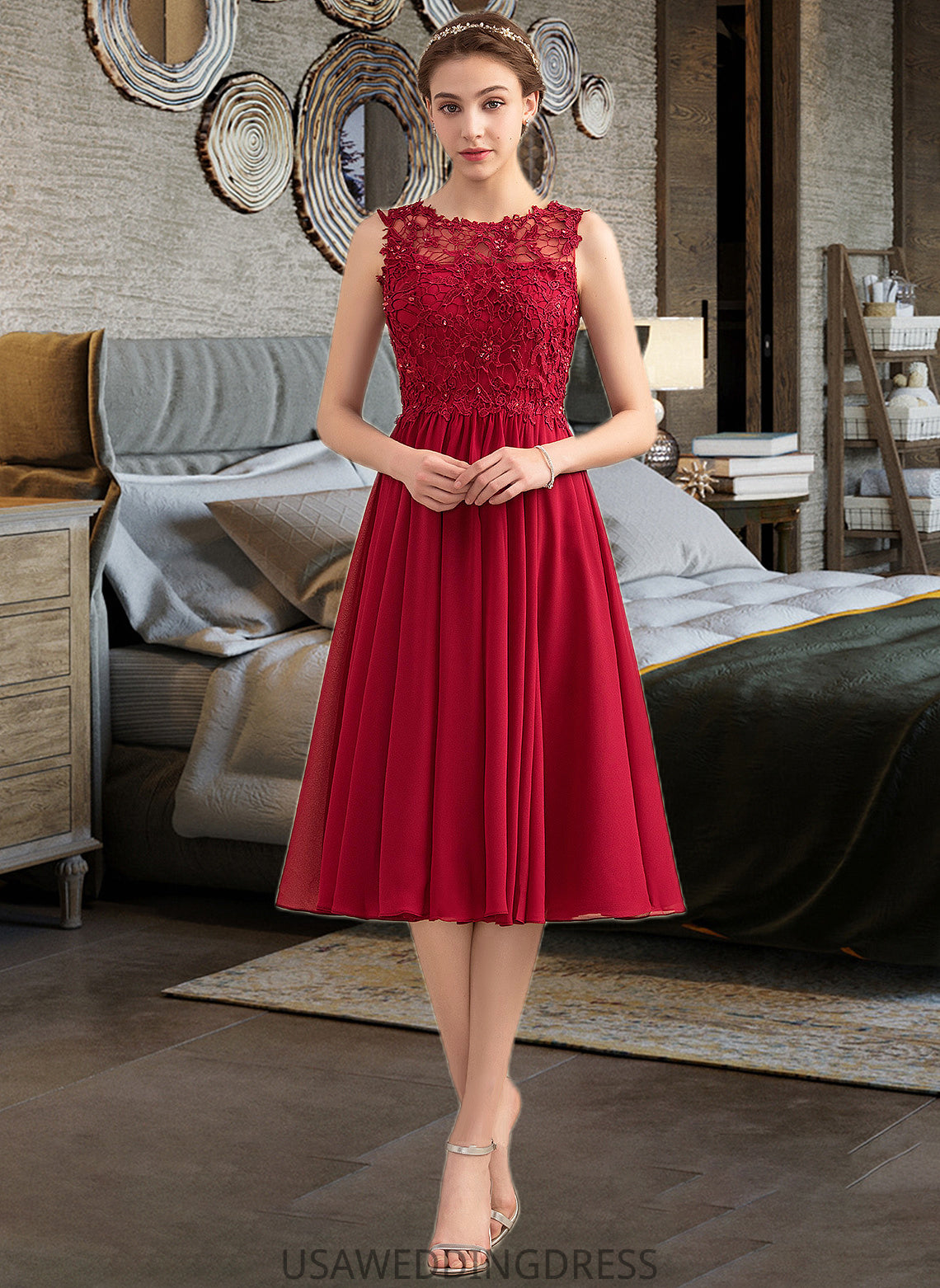 Jess A-Line Scoop Neck Knee-Length Chiffon Lace Bridesmaid Dress With Beading Sequins DSP0013208