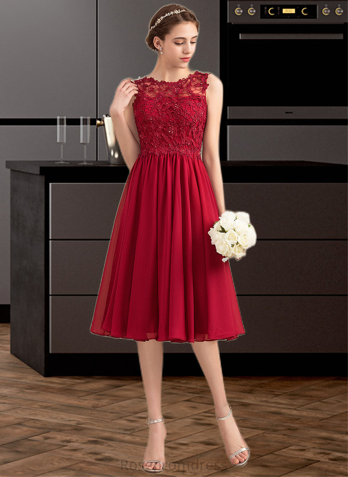 Belinda A-Line Scoop Neck Knee-Length Chiffon Lace Bridesmaid Dress With Beading Sequins SRSP0013208