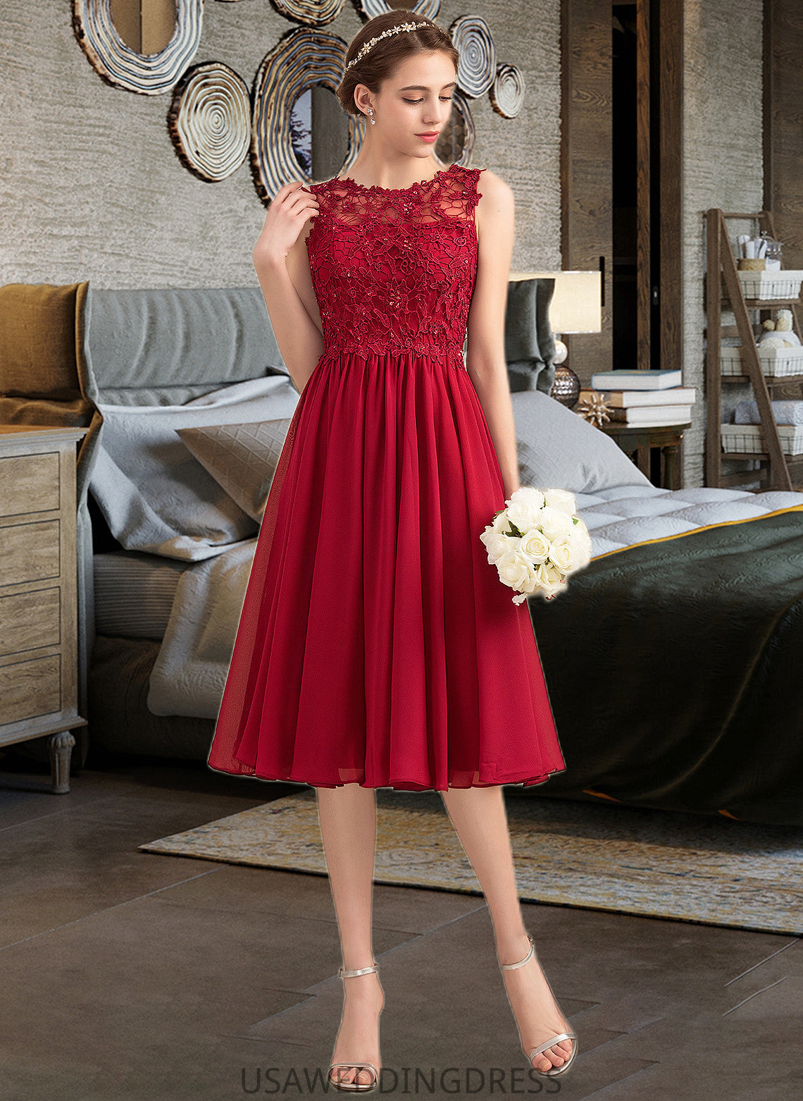 Jess A-Line Scoop Neck Knee-Length Chiffon Lace Bridesmaid Dress With Beading Sequins DSP0013208