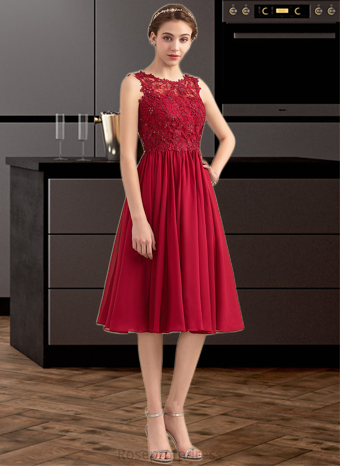 Belinda A-Line Scoop Neck Knee-Length Chiffon Lace Bridesmaid Dress With Beading Sequins SRSP0013208