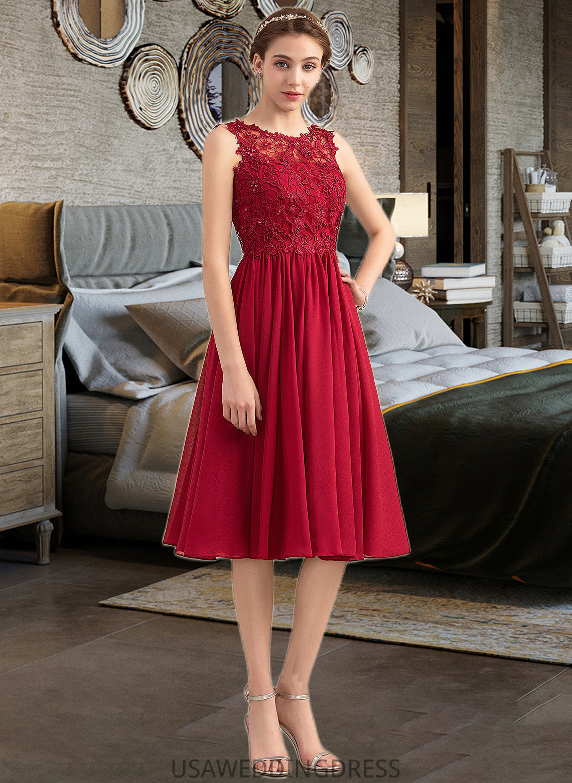 Jess A-Line Scoop Neck Knee-Length Chiffon Lace Bridesmaid Dress With Beading Sequins DSP0013208