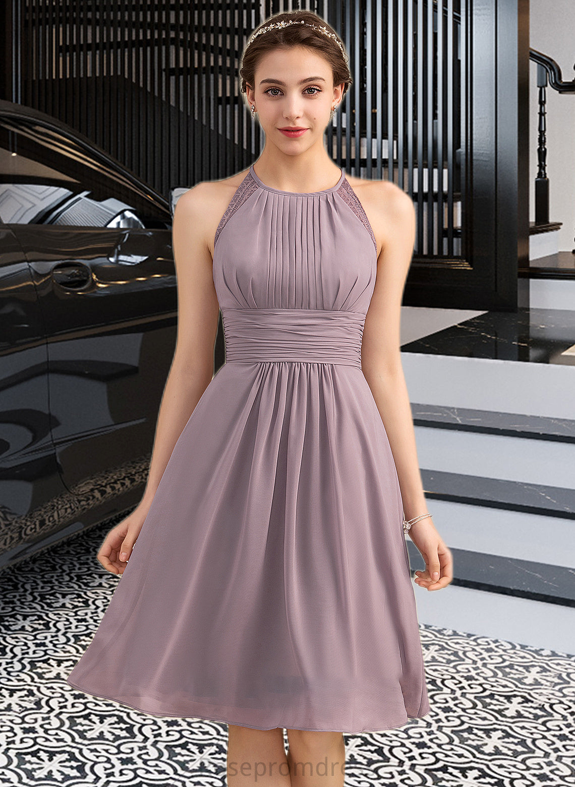 Caylee A-Line Scoop Neck Knee-Length Chiffon Lace Bridesmaid Dress With Ruffle SRSP0013209