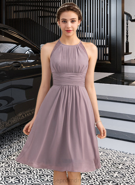 Caylee A-Line Scoop Neck Knee-Length Chiffon Lace Bridesmaid Dress With Ruffle SRSP0013209