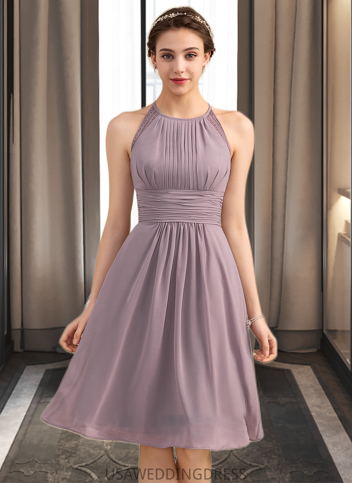 Gretchen A-Line Scoop Neck Knee-Length Chiffon Lace Bridesmaid Dress With Ruffle DSP0013209