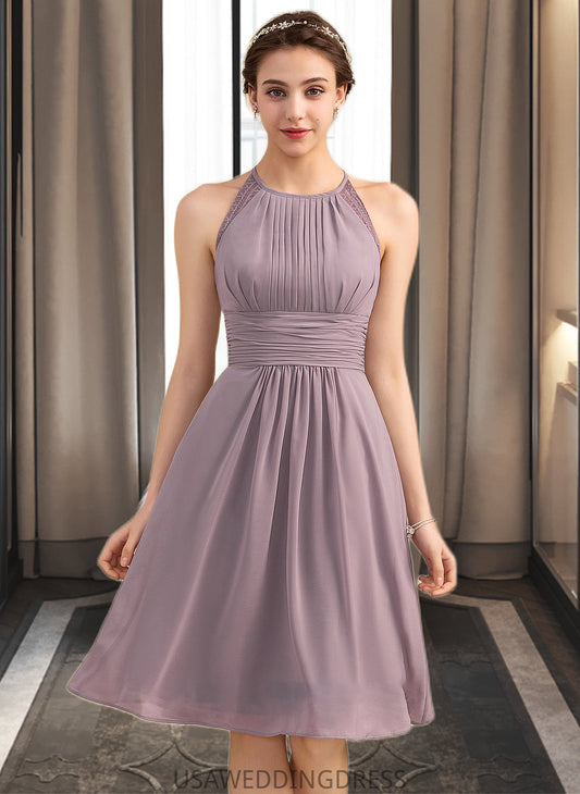 Gretchen A-Line Scoop Neck Knee-Length Chiffon Lace Bridesmaid Dress With Ruffle DSP0013209