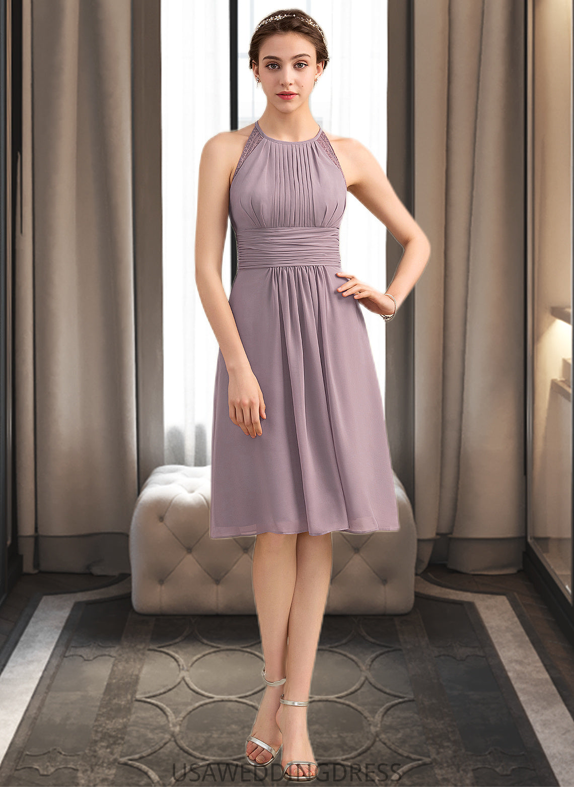 Gretchen A-Line Scoop Neck Knee-Length Chiffon Lace Bridesmaid Dress With Ruffle DSP0013209