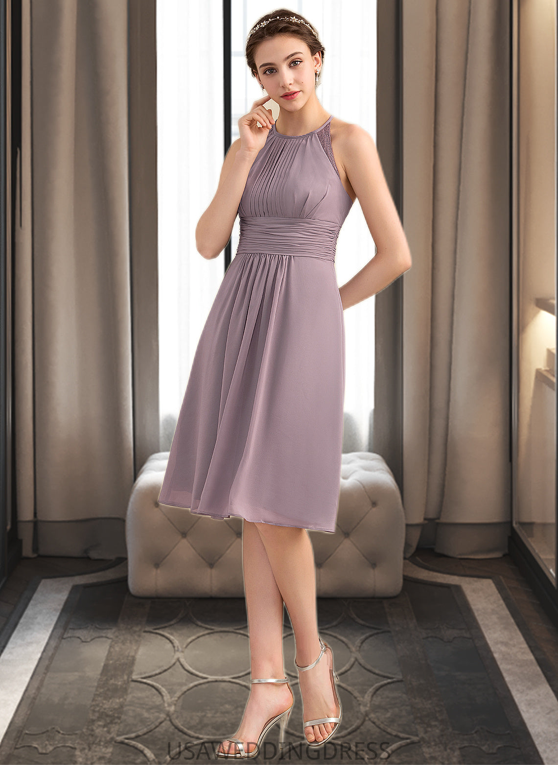 Gretchen A-Line Scoop Neck Knee-Length Chiffon Lace Bridesmaid Dress With Ruffle DSP0013209
