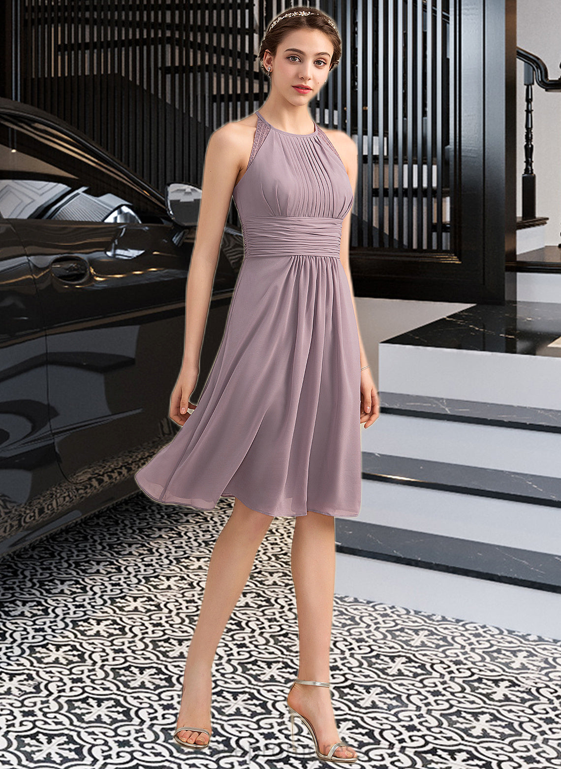 Caylee A-Line Scoop Neck Knee-Length Chiffon Lace Bridesmaid Dress With Ruffle SRSP0013209